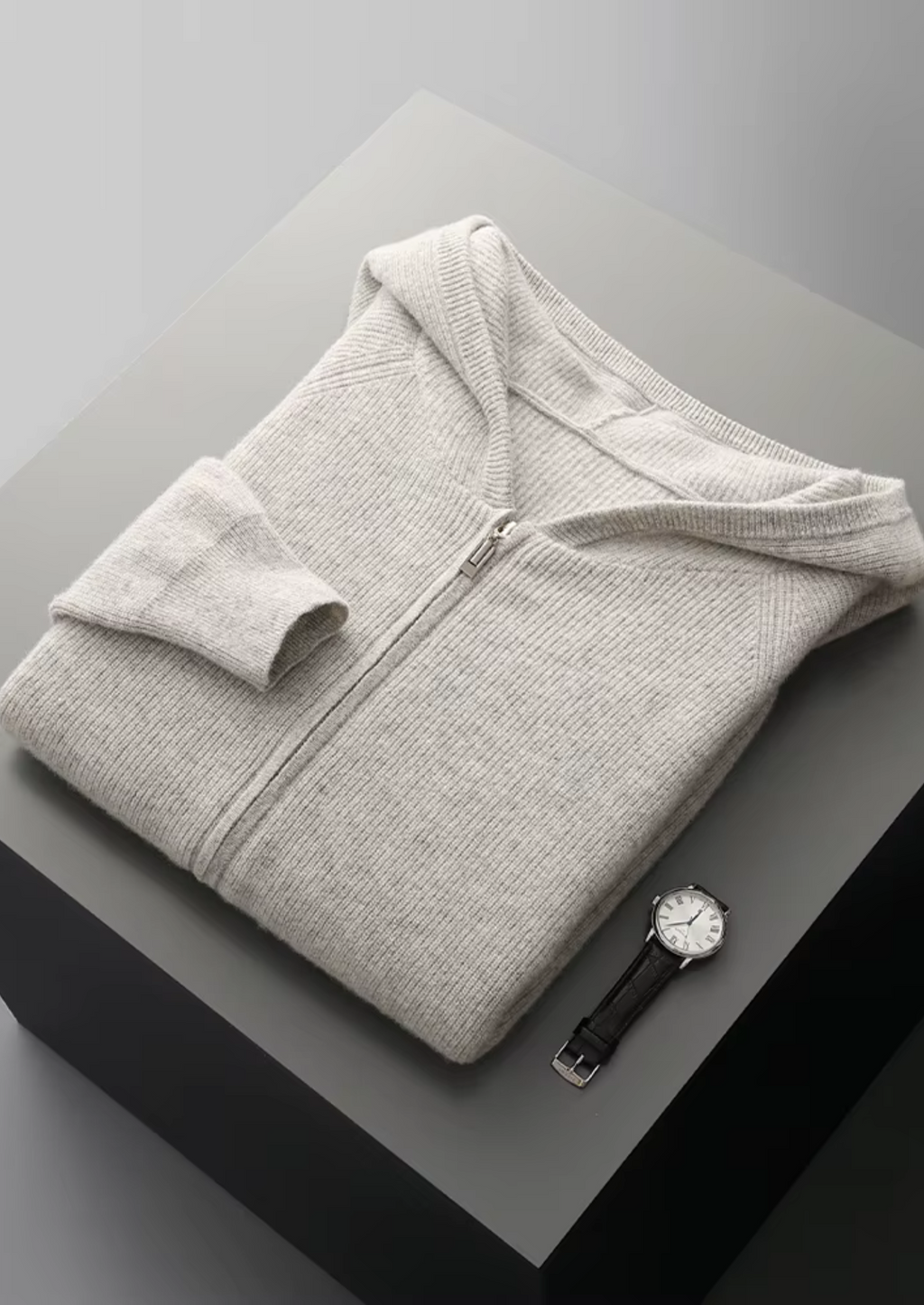 PURE EXTRA-FINE MERINO WOOL RIBBED ZIP HOODIE