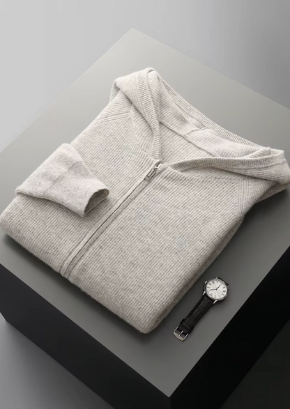 PURE EXTRA-FINE MERINO WOOL RIBBED ZIP HOODIE
