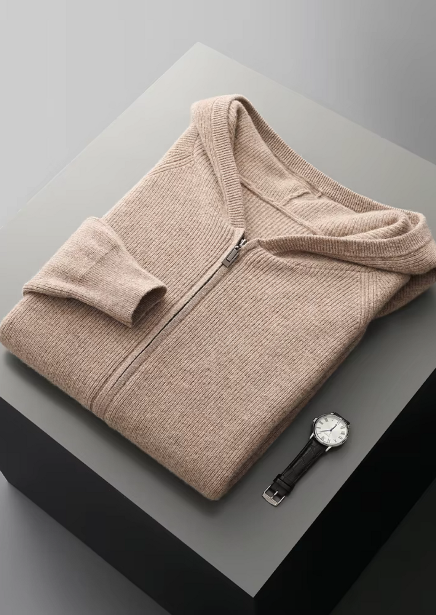 PURE EXTRA-FINE MERINO WOOL RIBBED ZIP HOODIE