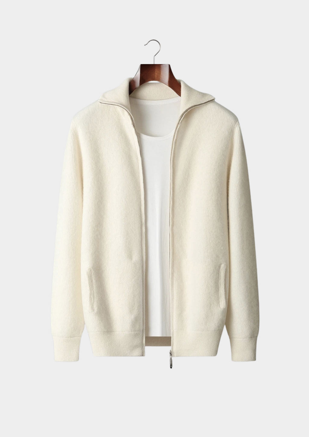PURE EXTRA-FINE MERINO WOOL RIBBED ZIPPER CARDIGAN