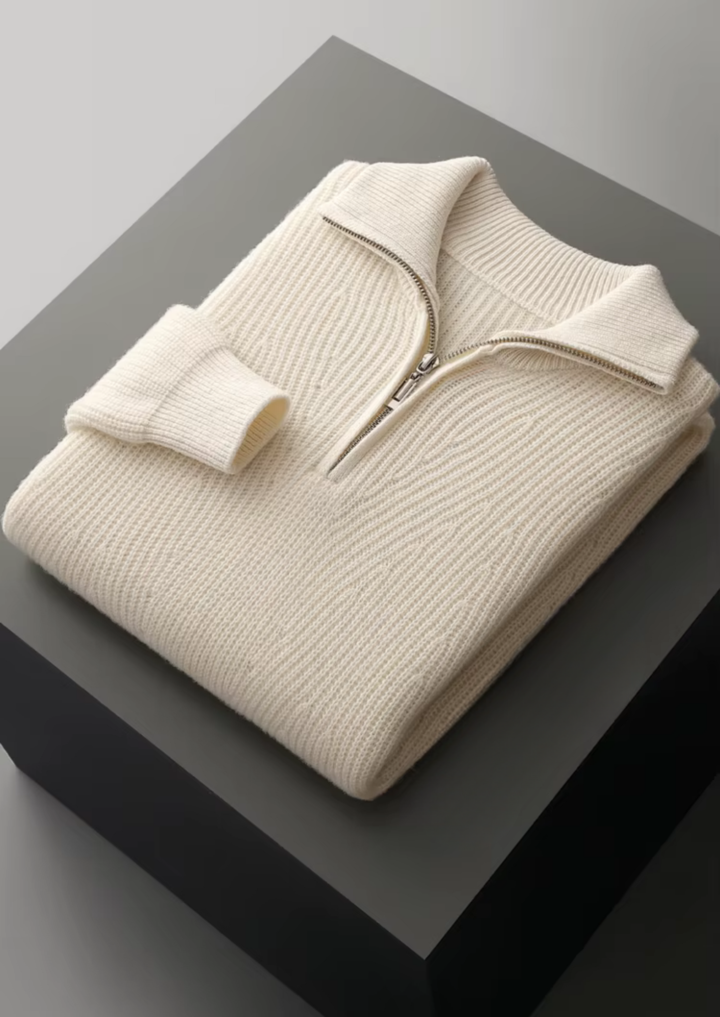 PURE EXTRA-FINE MERINO WOOL RIBBED HALF-ZIP