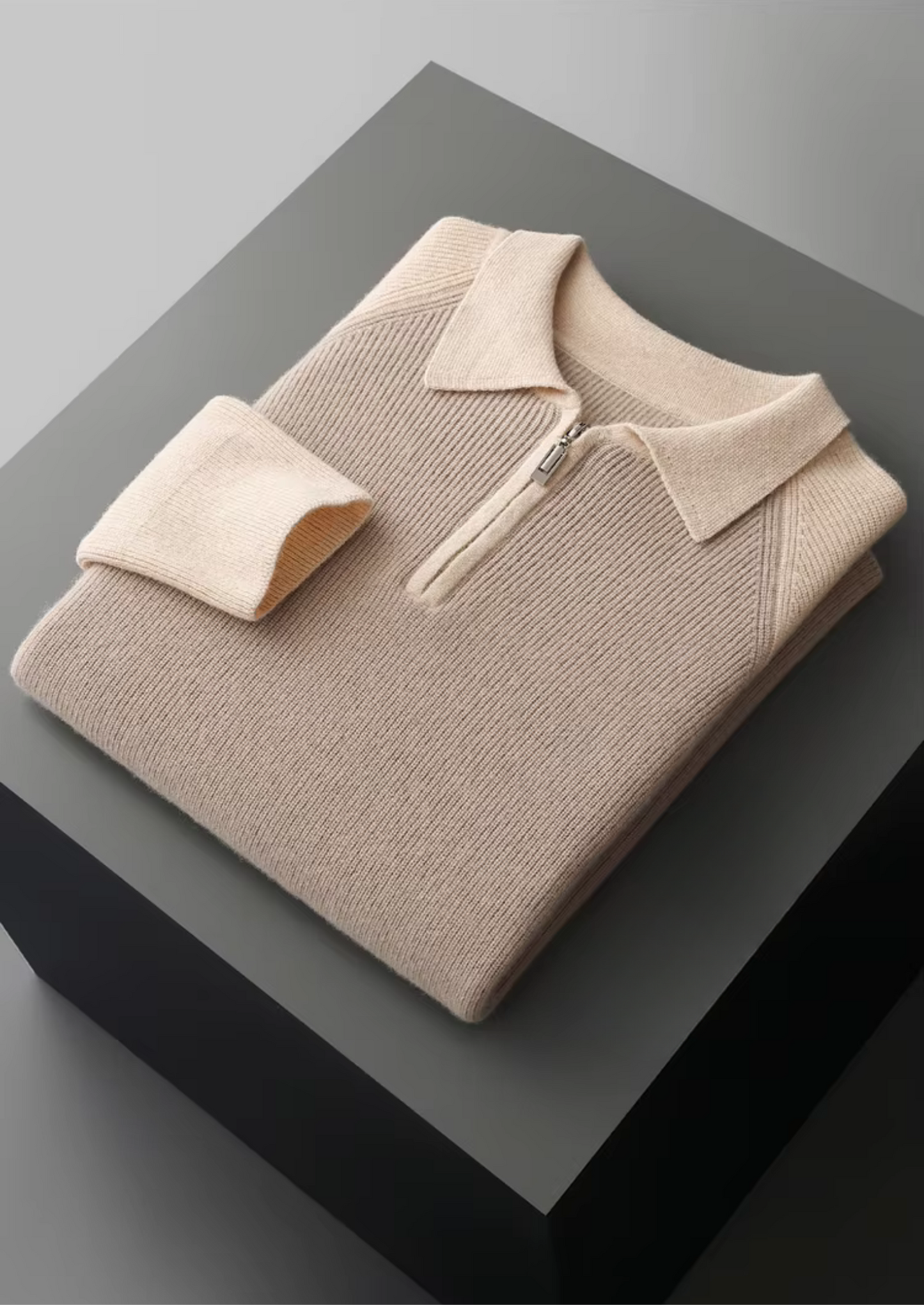 PURE EXTRA-FINE MERINO WOOL TWO TONE ZIPPER SWEATER POLO