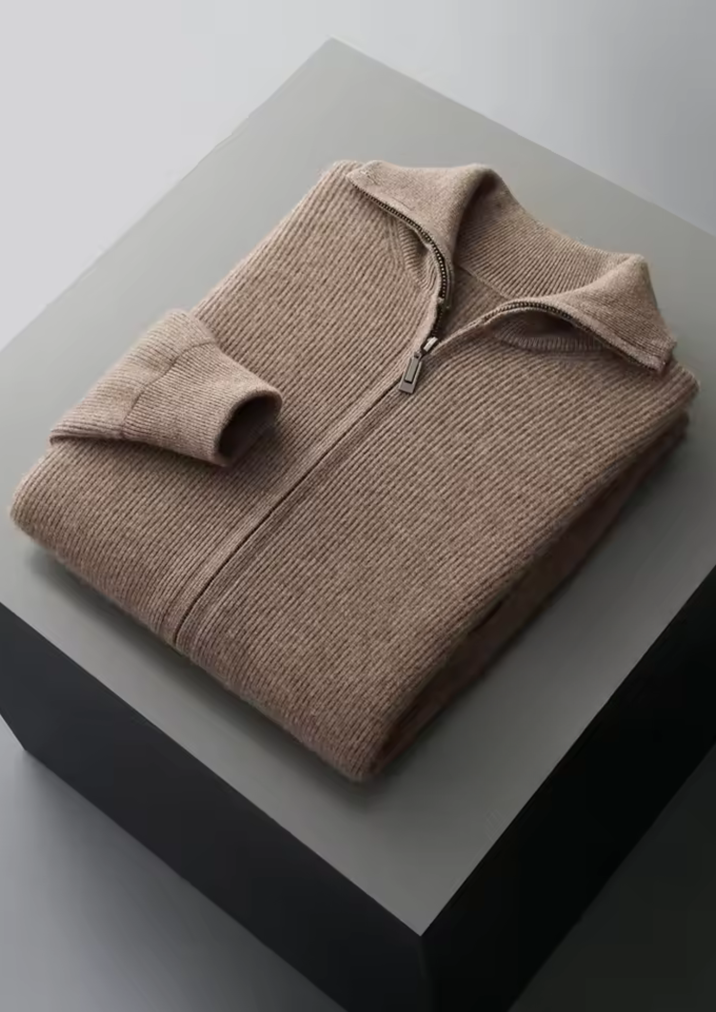 PURE EXTRA-FINE MERINO WOOL RIBBED ZIPPER CARDIGAN