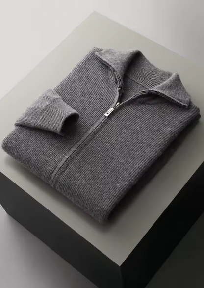 PURE EXTRA-FINE MERINO WOOL RIBBED ZIPPER CARDIGAN