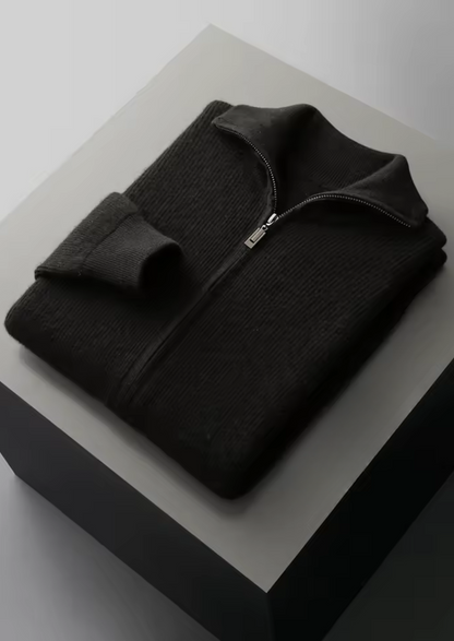 PURE EXTRA-FINE MERINO WOOL RIBBED ZIPPER CARDIGAN