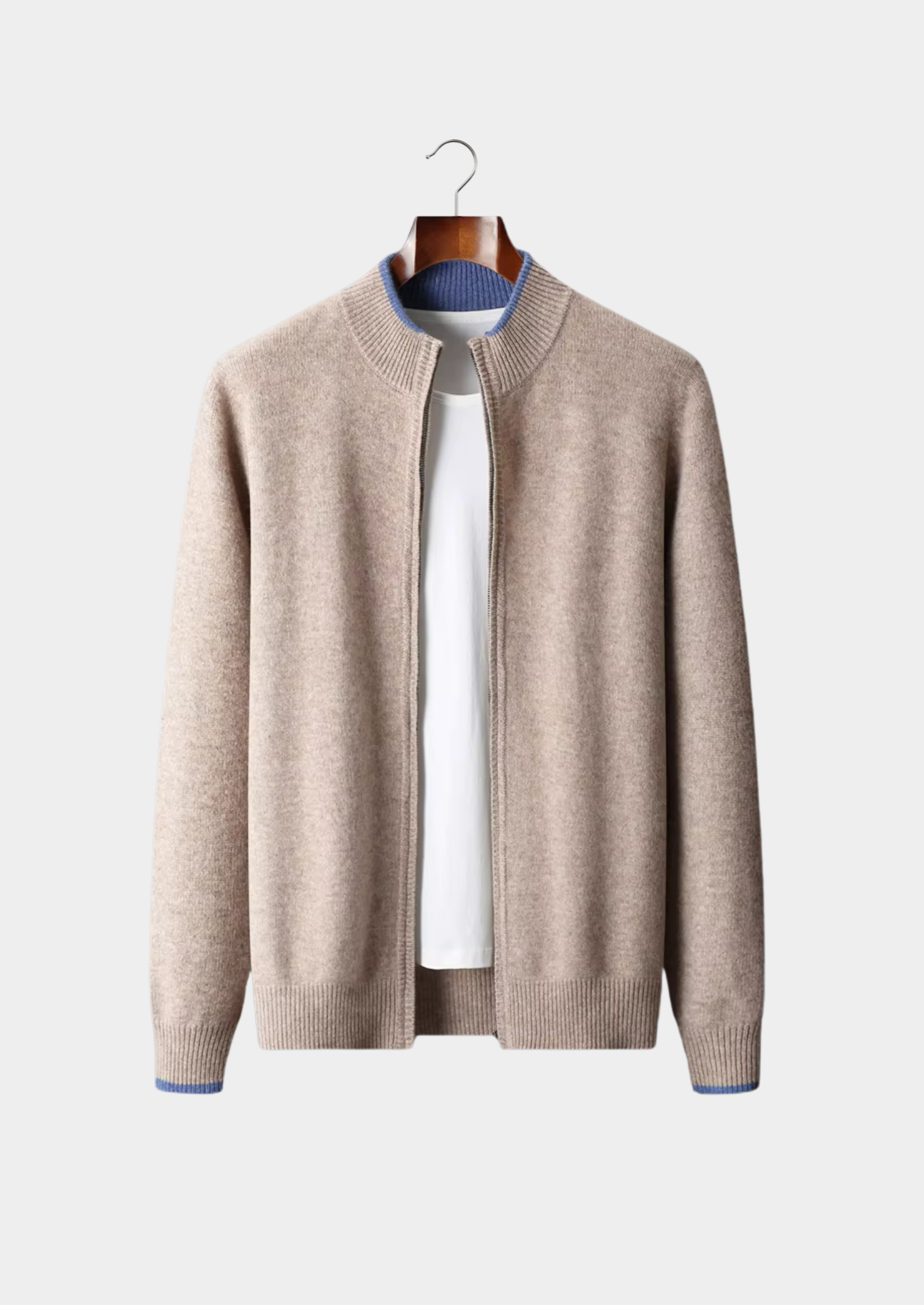 PURE EXTRA-FINE MERINO WOOL TWO-TONE ZIP CARDIGAN