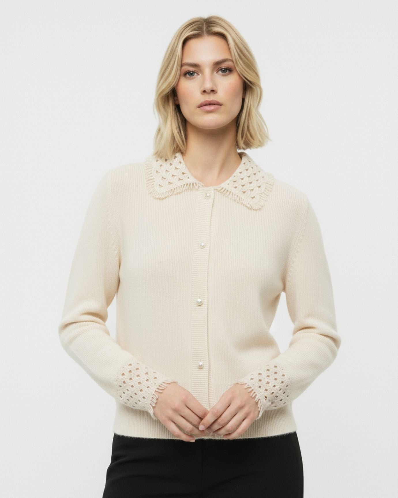 Dina Cashmere Crochet Polo Neck Thickened Cardigan