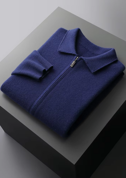 PURE EXTRA-FINE MERINO WOOL ZIP POLO CARDIGAN